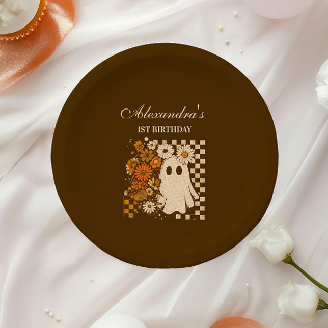 Rustic Floral Checkerboard Ghost 1st Birthday Paper Plates (Creator Uploaded)