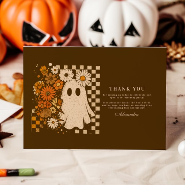 Rustic Floral Checkerboard Ghost 1st Birthday Thank You Card (Creator Uploaded)