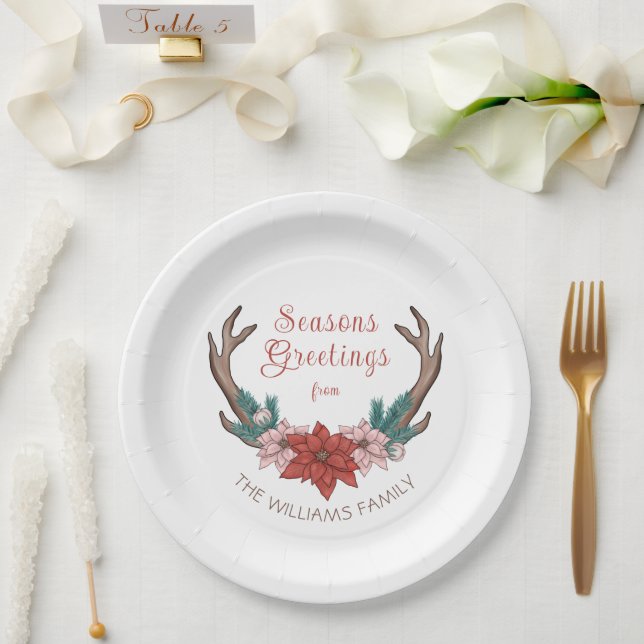 Rustic Floral Christmas Antlers Seasons Greetings  Paper Plates (Wedding)