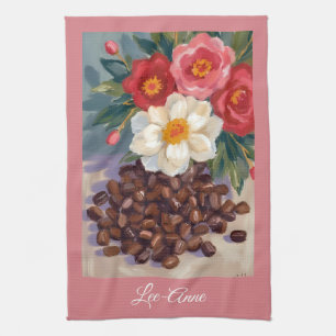 Rustic floral Coffee beans in Watercolor Kitchen Towel