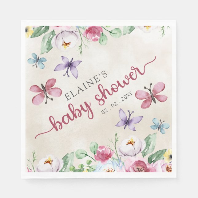 Rustic Floral Colorful Butterflies Baby Shower Napkins (Front)