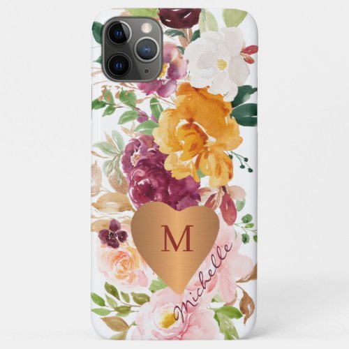 Rustic floral colorful watercolor gold monogrammed iPhone 11 pro max case