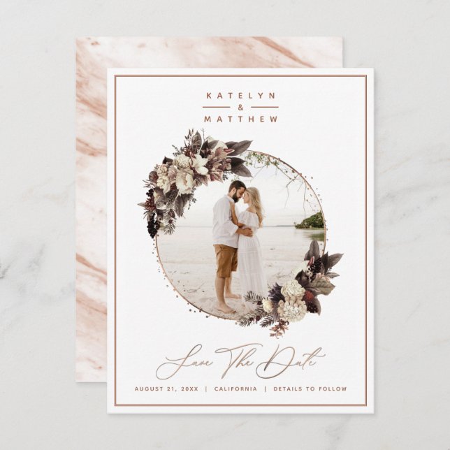 Rustic Floral Copper Framed Photo & Calligraphy Save The Date (Front/Back)