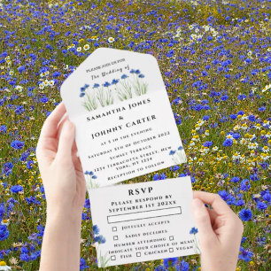 Rustic Floral Cornflowers Baby's Breath Wedding All In One Invitation