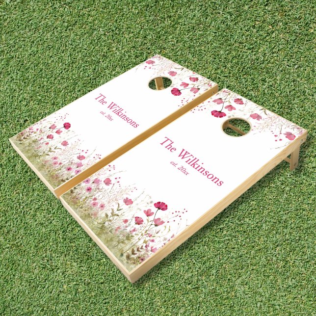 Rustic Floral  Cornhole Set (elegant pink wildflower cornhole set with custom family name and est date wedding gift)
