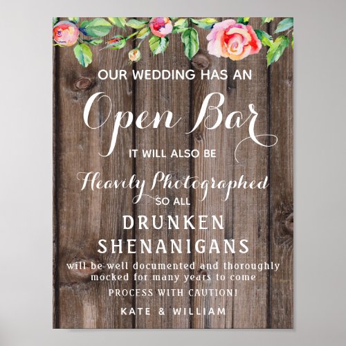 Rustic floral Country Open Bar wedding sign