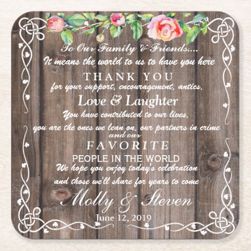Rustic floral Country  partywedding Thank you Square Paper Coaster