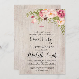 Rustic Floral Country Script First Holy Communion Invitation