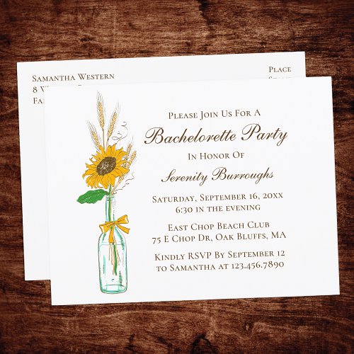 Rustic Floral Country Sunflower Bachelorette Party Invitation Postcard