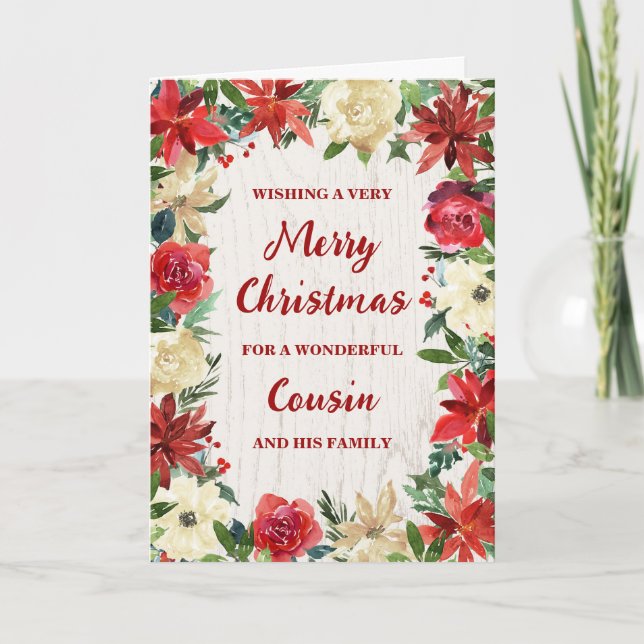 Rustic Floral Cousin & Family Merry Christmas Card (Front)