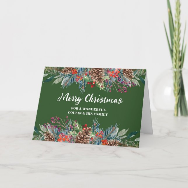 Rustic Floral Cousin & Family Merry Christmas Card (Front)