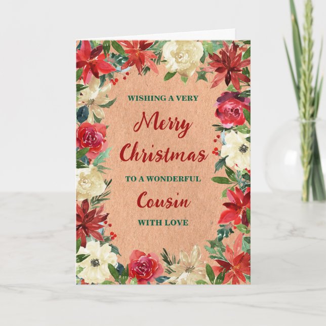 Rustic Floral Cousin Merry Christmas Card (Front)