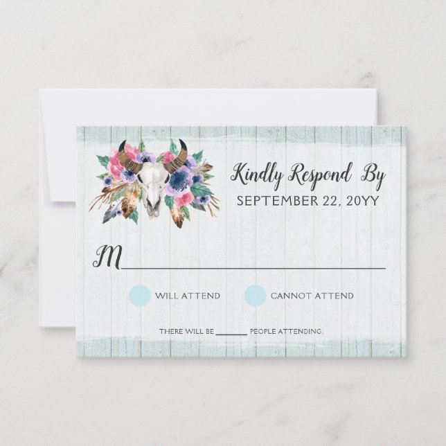Rustic Floral Cow Skull Bohemian Wedding RSVP Card (Front)