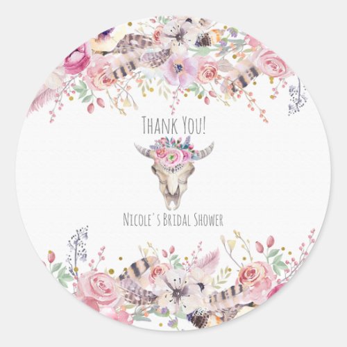 Rustic Floral Cow Skull Boho Chic Country Glam Classic Round Sticker