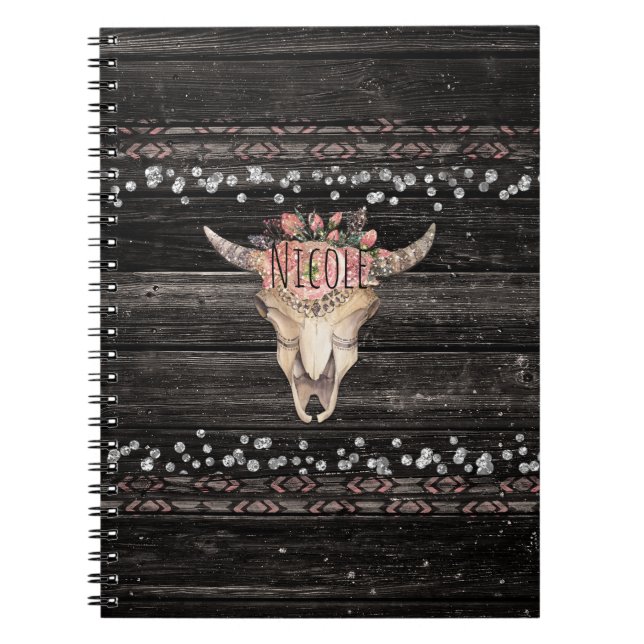 Rustic Floral Cow Skull Boho Chic Country Glam Notebook (Front)