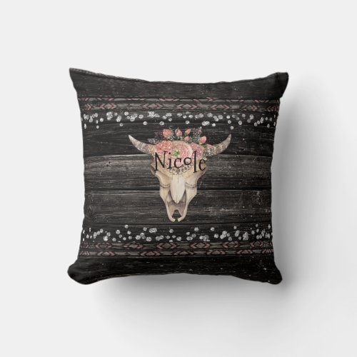 Rustic Floral Cow Skull Boho Chic Country Glam Throw Pillow