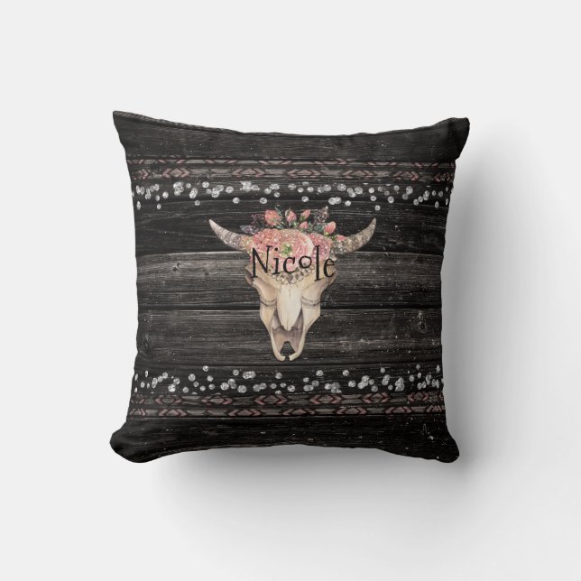 Rustic Floral Cow Skull Boho Chic Country Glam Throw Pillow (Front)