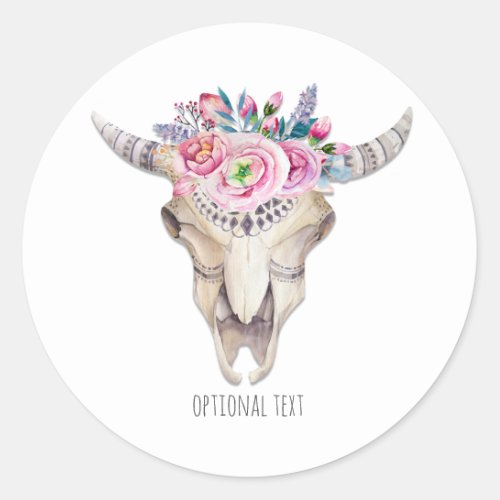 Rustic Floral Cow Skull Boho Chic Custom Favor Classic Round Sticker