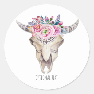 Rustic Floral Cow Skull Boho Chic Custom Favor Classic Round Sticker