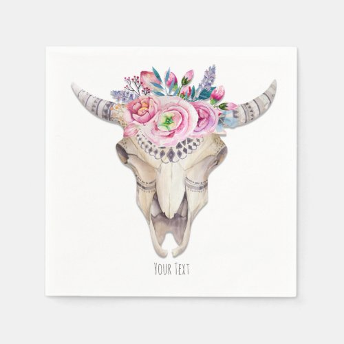 Rustic Floral Cow Skull Boho Chic Custom Party Napkins