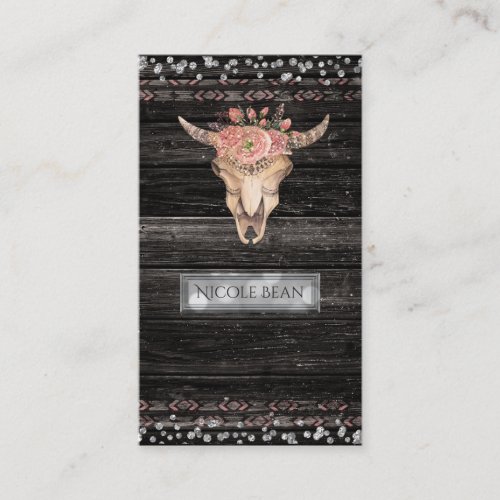 Rustic Floral Cow Skull Boho Chic Glam Custom Business Card