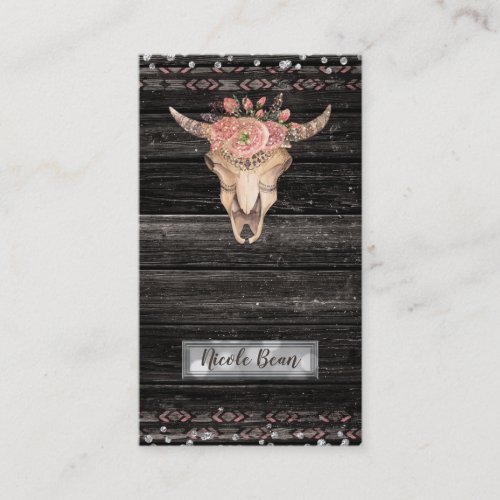 Rustic Floral Cow Skull Boho Chic Glam Custom Business Card