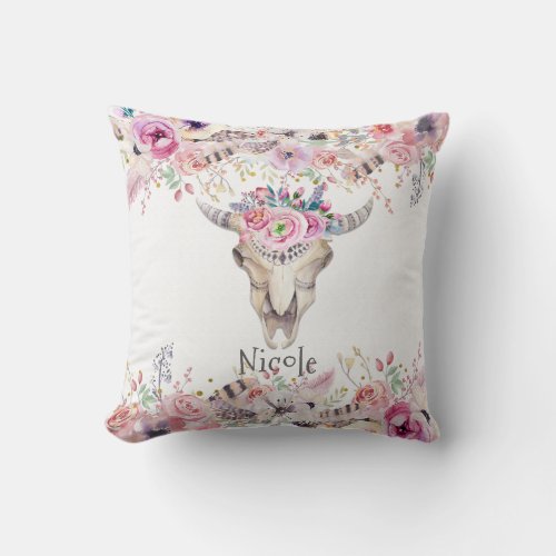 Rustic Floral Cow Skull Boho Chic Glam Custom Throw Pillow