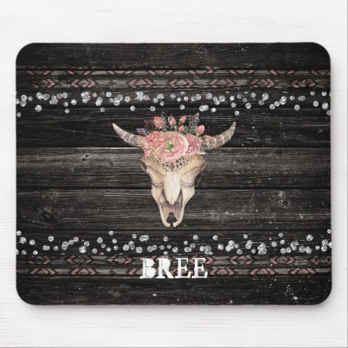 Rustic Floral Cow Skull Boho Chic Glam Silver Wood Mouse Pad