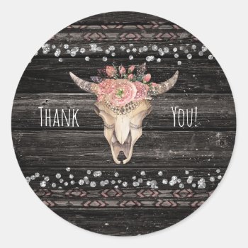 Rustic Floral Cow Skull Boho Chic Party Favor Classic Round Sticker by printabledigidesigns at Zazzle