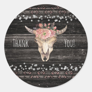 Rustic Floral Cow Skull Boho Chic Party Favor Classic Round Sticker