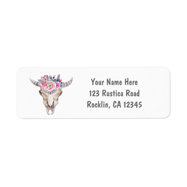 Rustic Floral Cow Skull Boho Chic Party Invitation Label (Front)