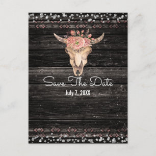 Rustic Floral Cow Skull Boho Chic Save the Date Announcement Postcard
