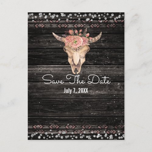 Rustic Floral Cow Skull Boho Chic Save the Date Announcement Postcard