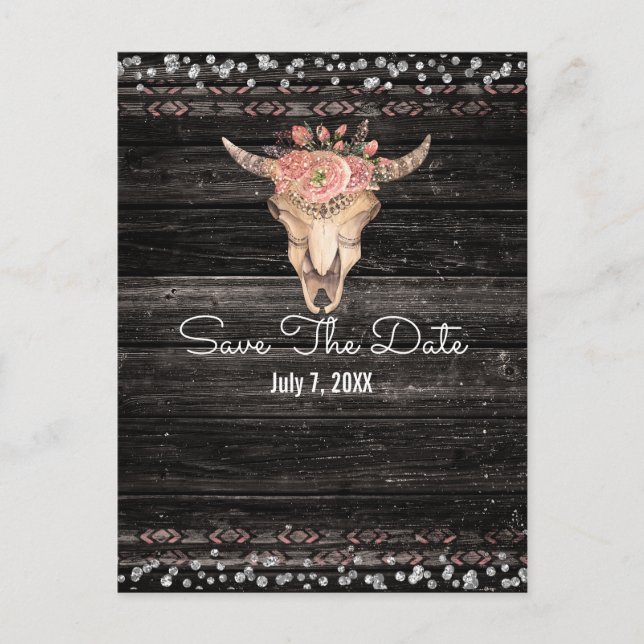 Rustic Floral Cow Skull Boho Chic Save the Date Announcement Postcard (Front)