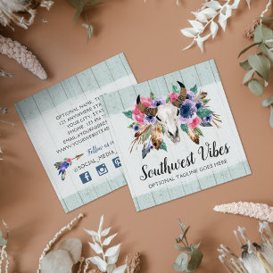 Rustic Floral Cow Skull Boho Chic Social Network Square Business Card
