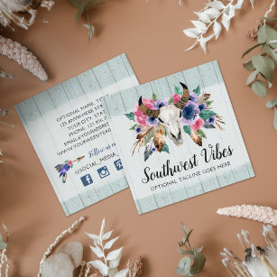 Rustic Floral Cow Skull Boho Chic Social Network Square Business Card