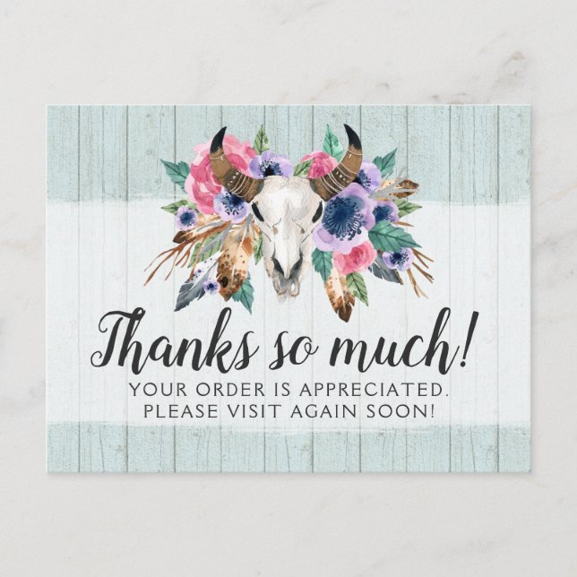 Rustic Floral Cow Skull Boho Chic Thank You Card (Front)
