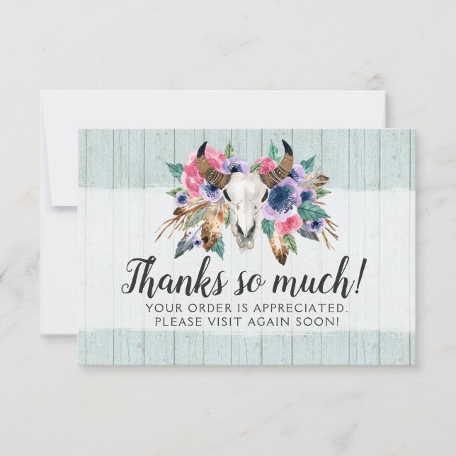 Rustic Floral Cow Skull Boho Chic Thank You Card (Front)
