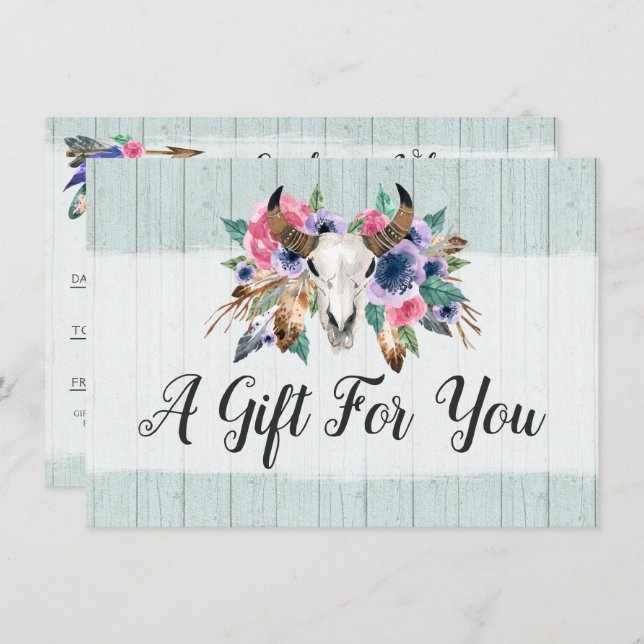 Rustic Floral Cow Skull Boho Gift Certificate Card (Front/Back)