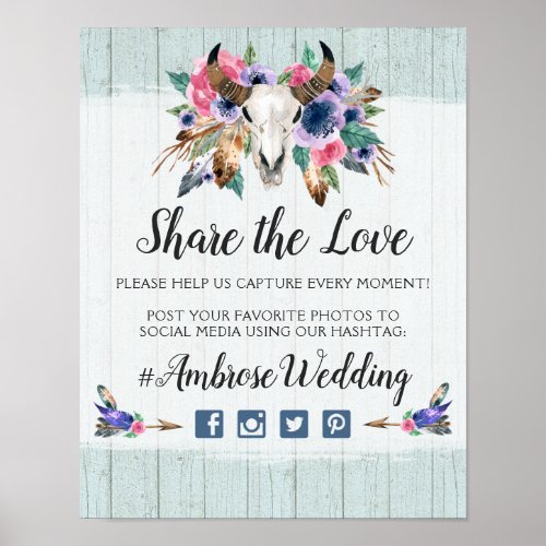 Rustic Floral Cow Skull Boho Wedding Hashtag Photo Poster