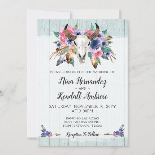 Rustic Floral Cow Skull Boho Wedding Invitation