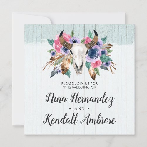 Rustic Floral Cow Skull Boho Wedding Invitation