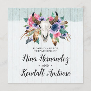 Rustic Floral Cow Skull Boho Wedding Invitation