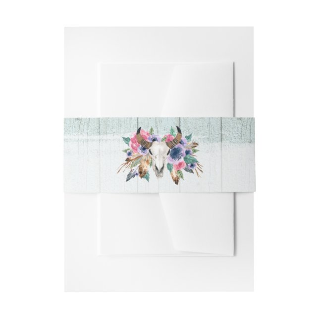 Rustic Floral Cow Skull Boho Wedding Invitation Belly Band (Front Example)