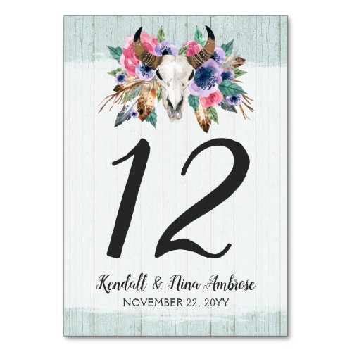 Rustic Floral Cow Skull Boho Wedding Table Number