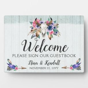 Rustic Floral Cow Skull Boho Wedding Welcome Sign Plaque