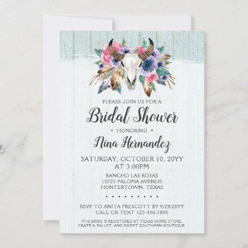 Rustic Floral Cow Skull Bridal Shower Invitation