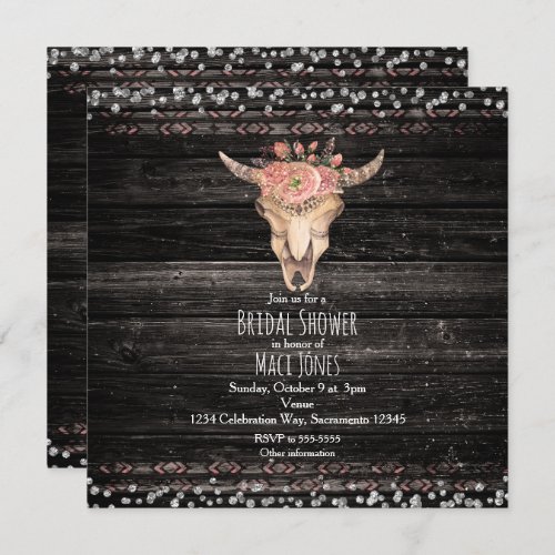 Rustic Floral Cow Skull Dark Wood Glam Invitations