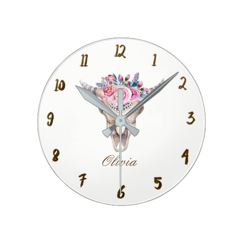 Rustic Floral Cow Skull Horns Girly Personalized Round Clock