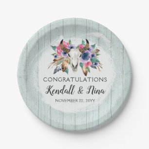Rustic Floral Cow Skull Watercolor Boho Wedding Paper Plates